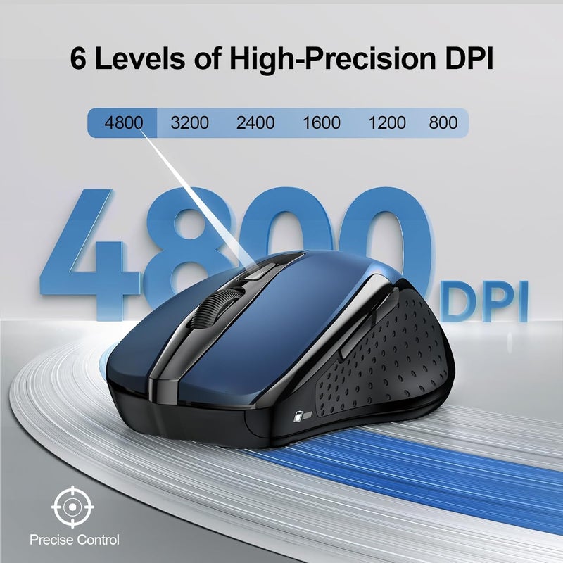 TECKNET Wireless Mouse (2.4G & BT5.0/3.0) Silent 4800 DPI Computer USB A & Bluetooth Mouse 6 Buttons, Wide Compatibility - Blue - Image 4